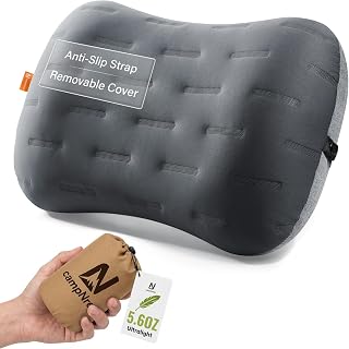 Inflatable Camping Pillow - Ultralight Compact Air Pillow for Travel, Backpacking &amp; Hiking - Ergonomic Neck &amp; Lumbar Support - Portable Inflatable Pillow with Removable Washable Cover - (Grey)